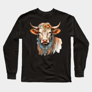 Watercolor Boho Cow #2 Long Sleeve T-Shirt